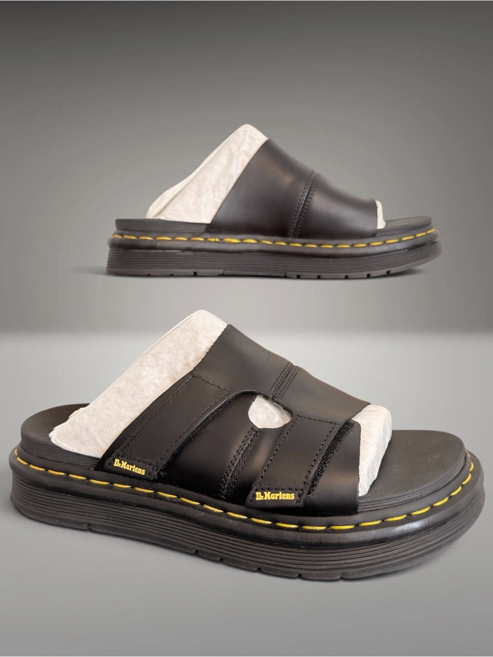 Dr. Martens Daxton Black Leather Slide Sandals with Yellow Stitching Size 9 Men